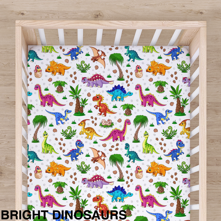 Bamboo Cot Sheet - Assorted Bright Dinosaurs Wraps