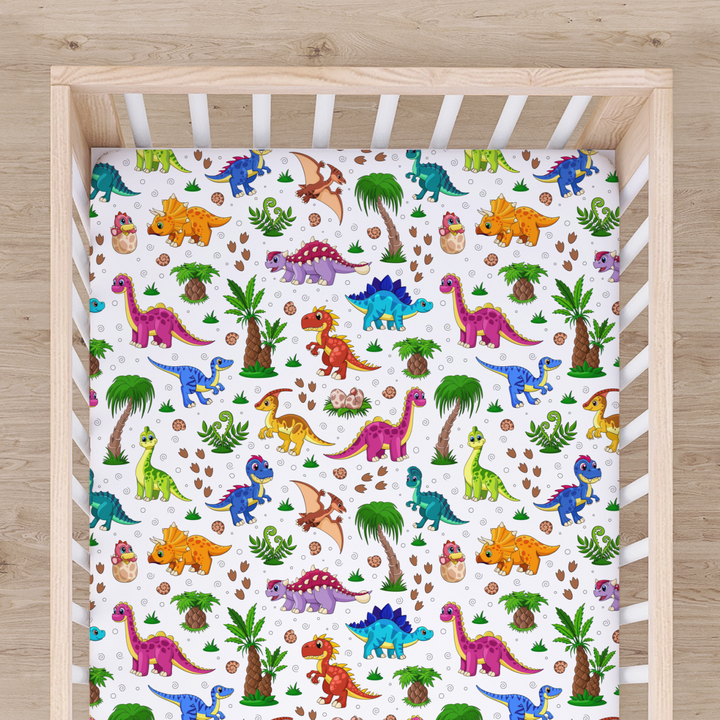 Bamboo Cot Sheet - Assorted Bright Dinosaurs Wraps