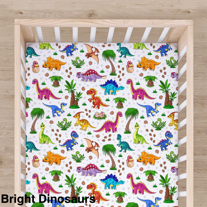 Bamboo Cot Sheet - Assorted Bright Dinosaurs Wraps