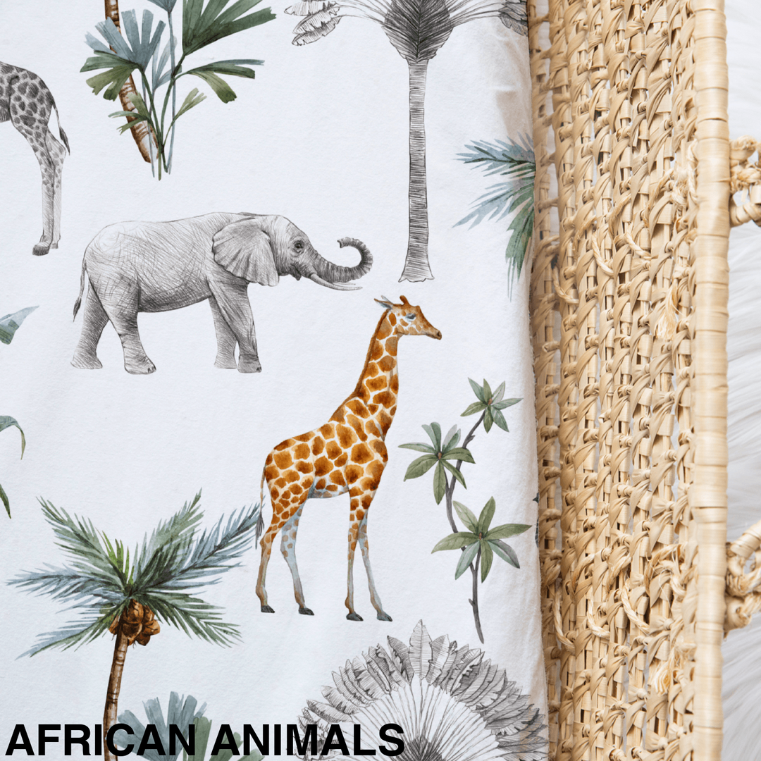Bamboo Jersey Fitted Bassinet/ Change Mat Cover - Assorted African Animals Wraps