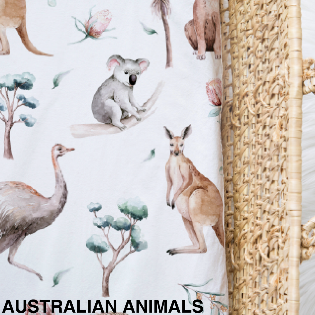 Bamboo Jersey Fitted Bassinet/ Change Mat Cover - Assorted Australian Animals Wraps