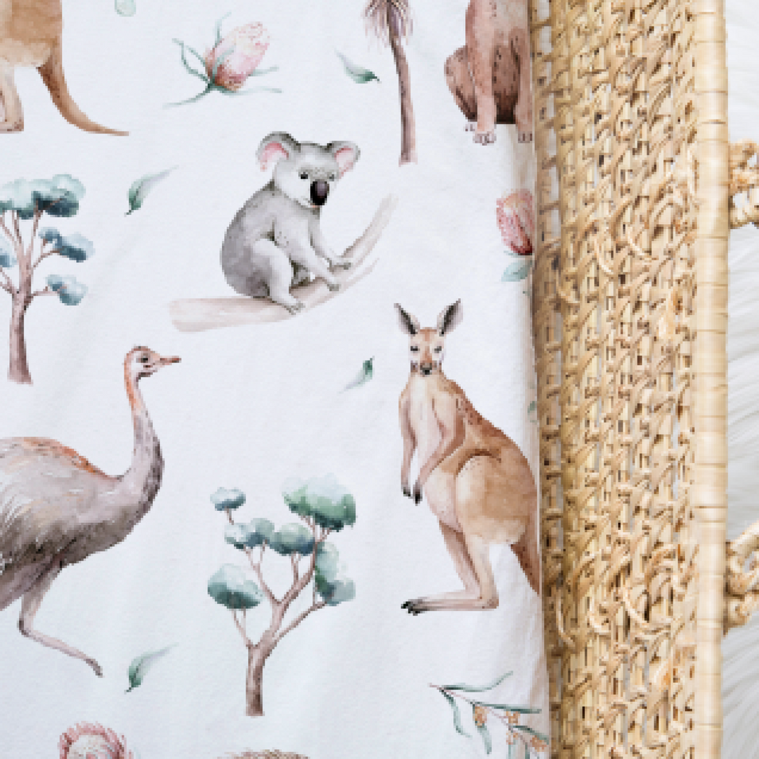 Bamboo Jersey Fitted Bassinet/ Change Mat Cover - Assorted Australian Animals Wraps