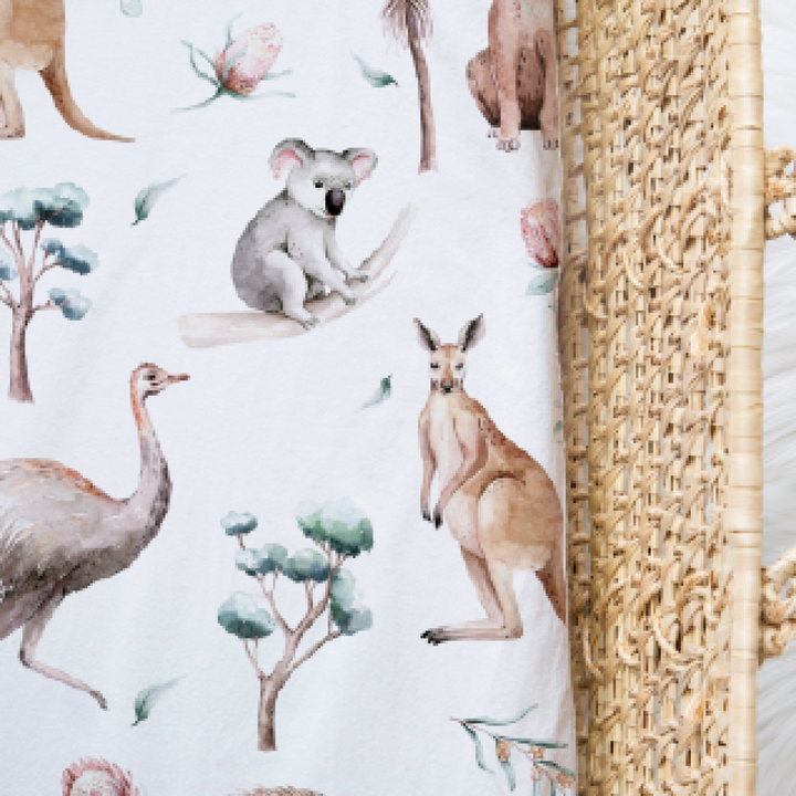 Bamboo Jersey Fitted Bassinet/ Change Mat Cover - Assorted Australian Animals Wraps
