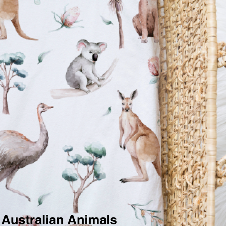Bamboo Jersey Fitted Bassinet/ Change Mat Cover - Assorted Australian Animals Wraps