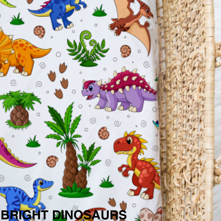 Bamboo Jersey Fitted Bassinet/ Change Mat Cover - Assorted Bright Dinosaurs Wraps