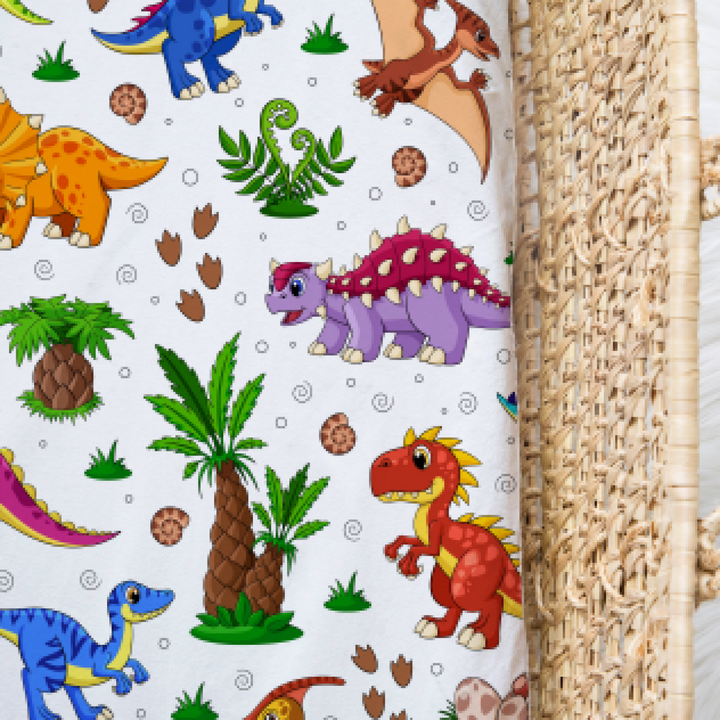 Bamboo Jersey Fitted Bassinet/ Change Mat Cover - Assorted Bright Dinosaurs Wraps