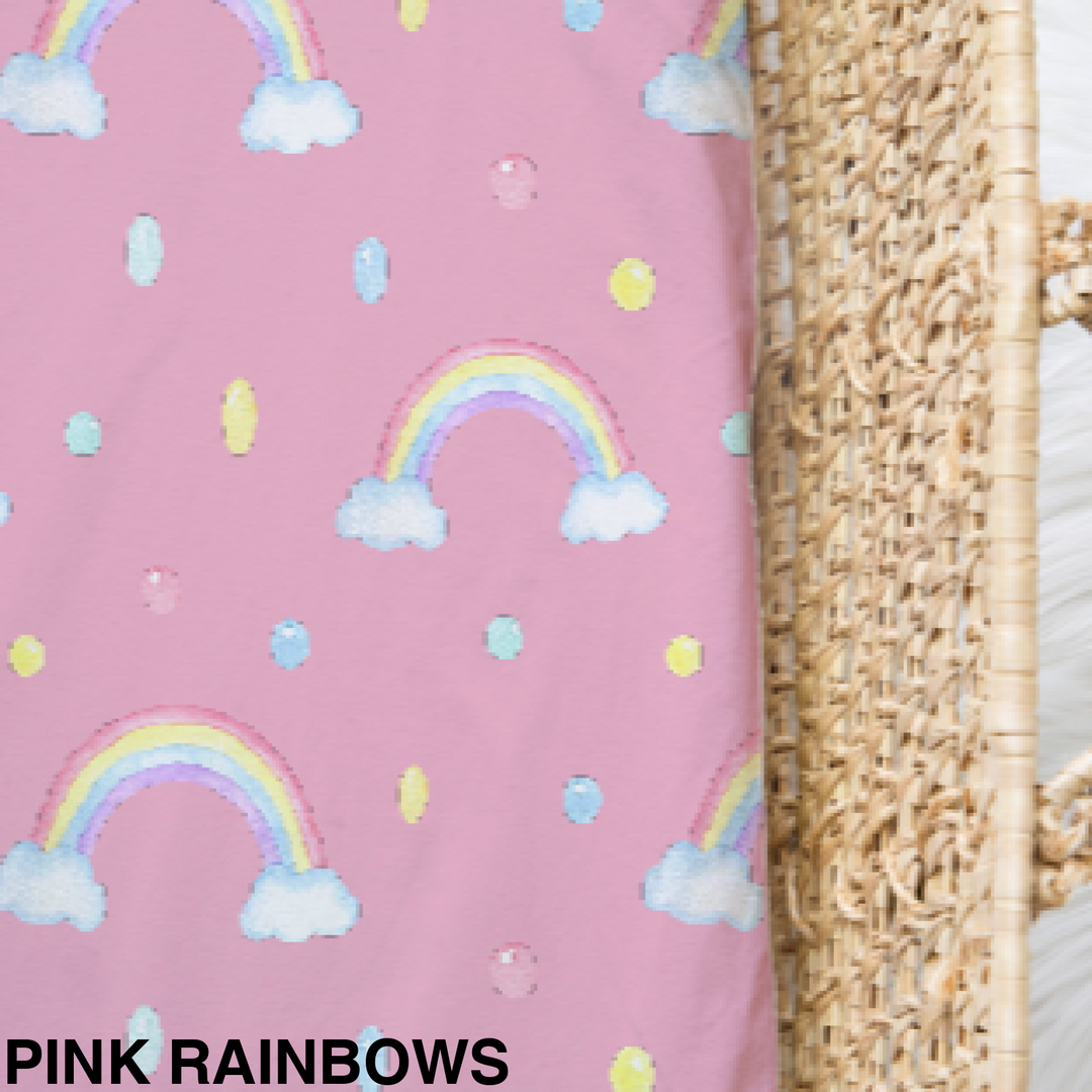 Bamboo Jersey Fitted Bassinet/ Change Mat Cover - Assorted Pink Rainbows Wraps