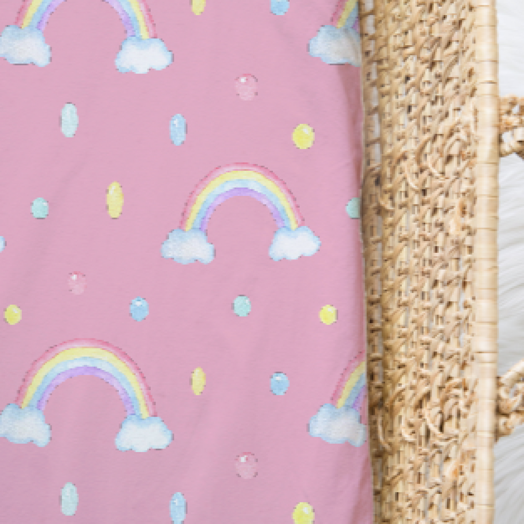 Bamboo Jersey Fitted Bassinet/ Change Mat Cover - Assorted Pink Rainbows Wraps