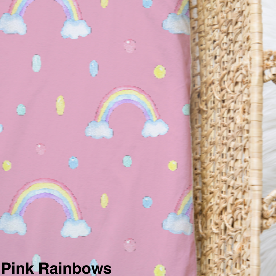 Bamboo Jersey Fitted Bassinet/ Change Mat Cover - Assorted Pink Rainbows Wraps