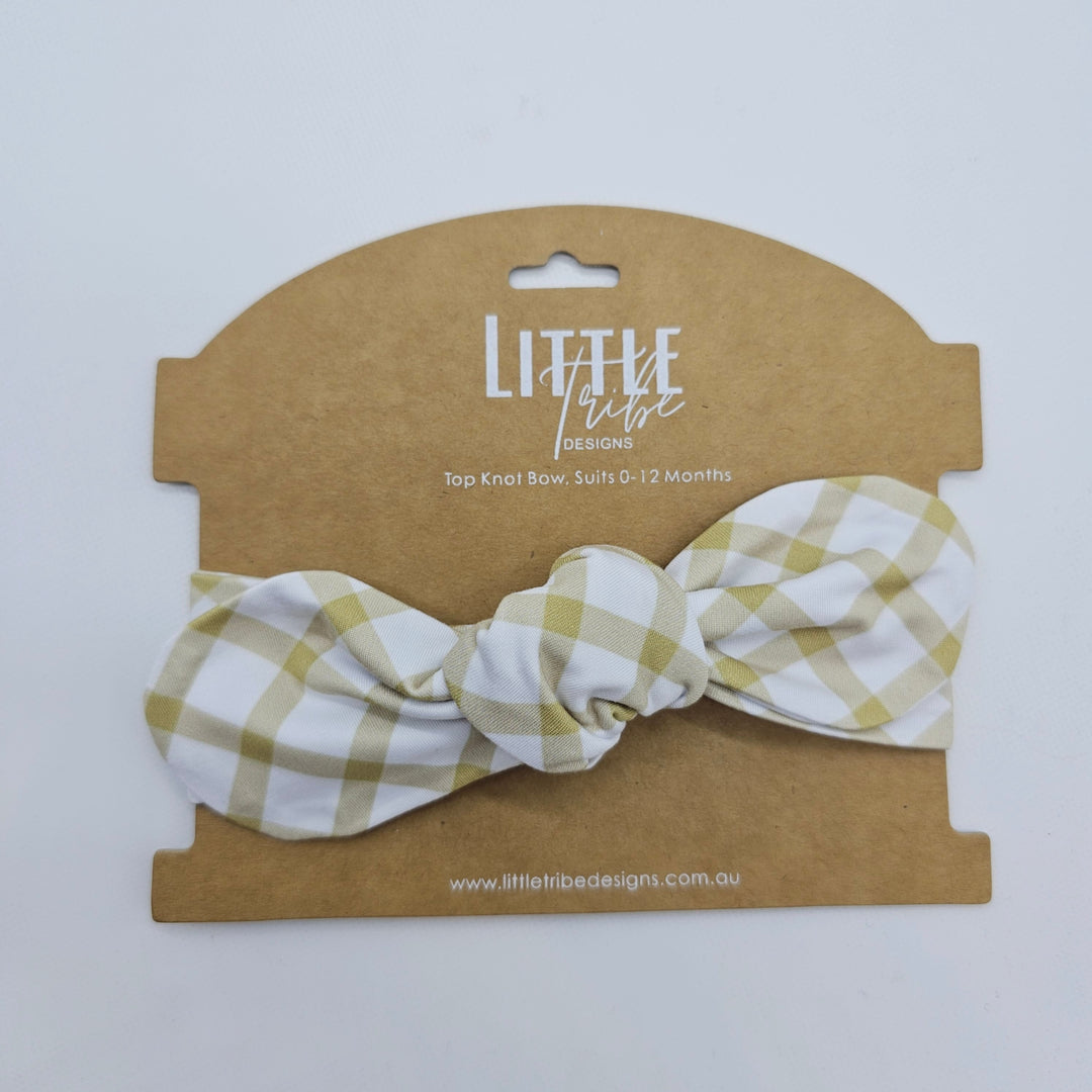 Bamboo Topknot Headband - Assorted Beige Gingham Beanies & Headbands