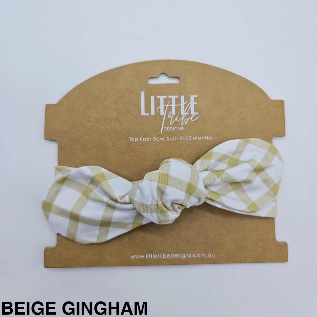Bamboo Topknot Headband - Assorted Beige Gingham Beanies & Headbands
