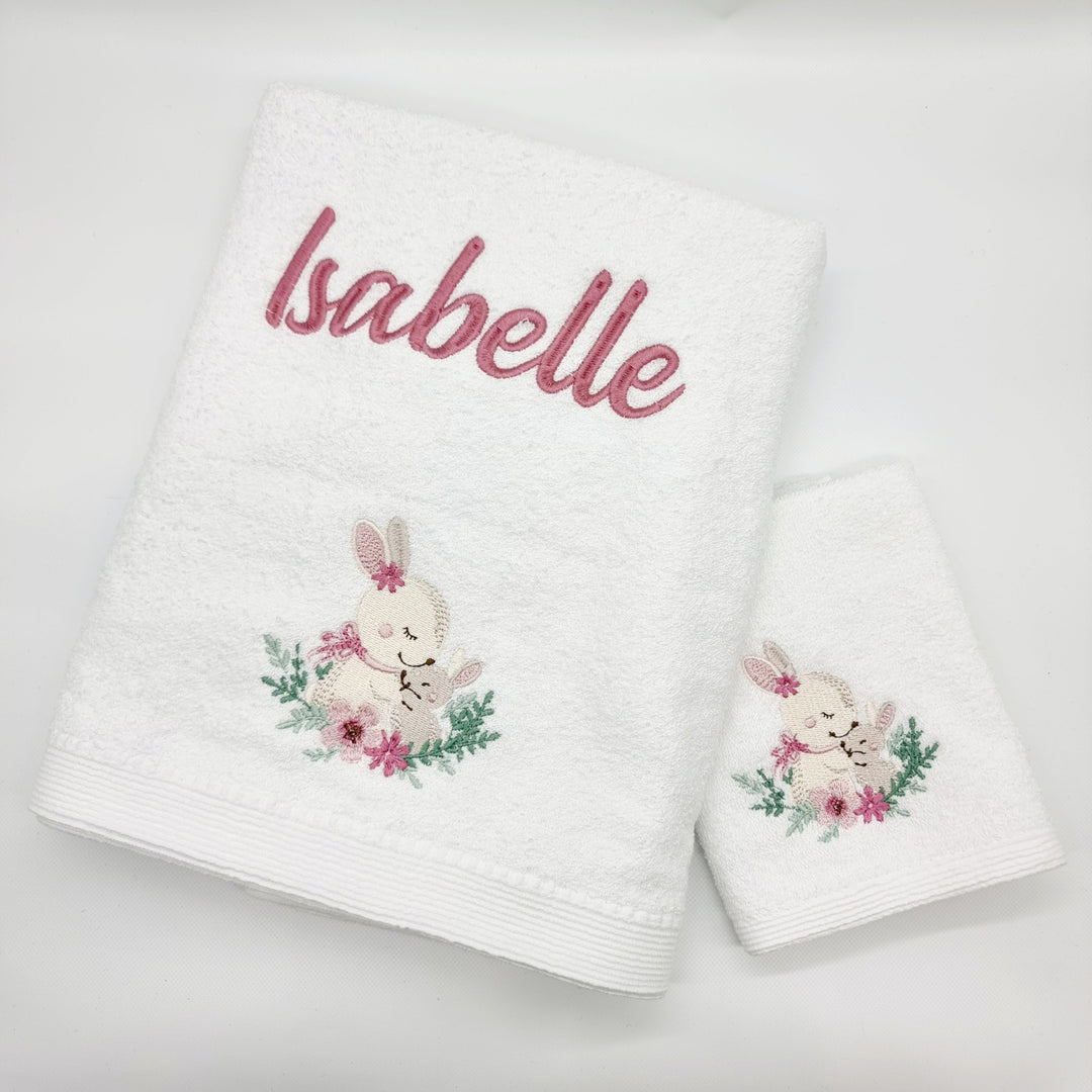 Embroidered Baby Towel & Face Washer Gift Set Pink Bunny