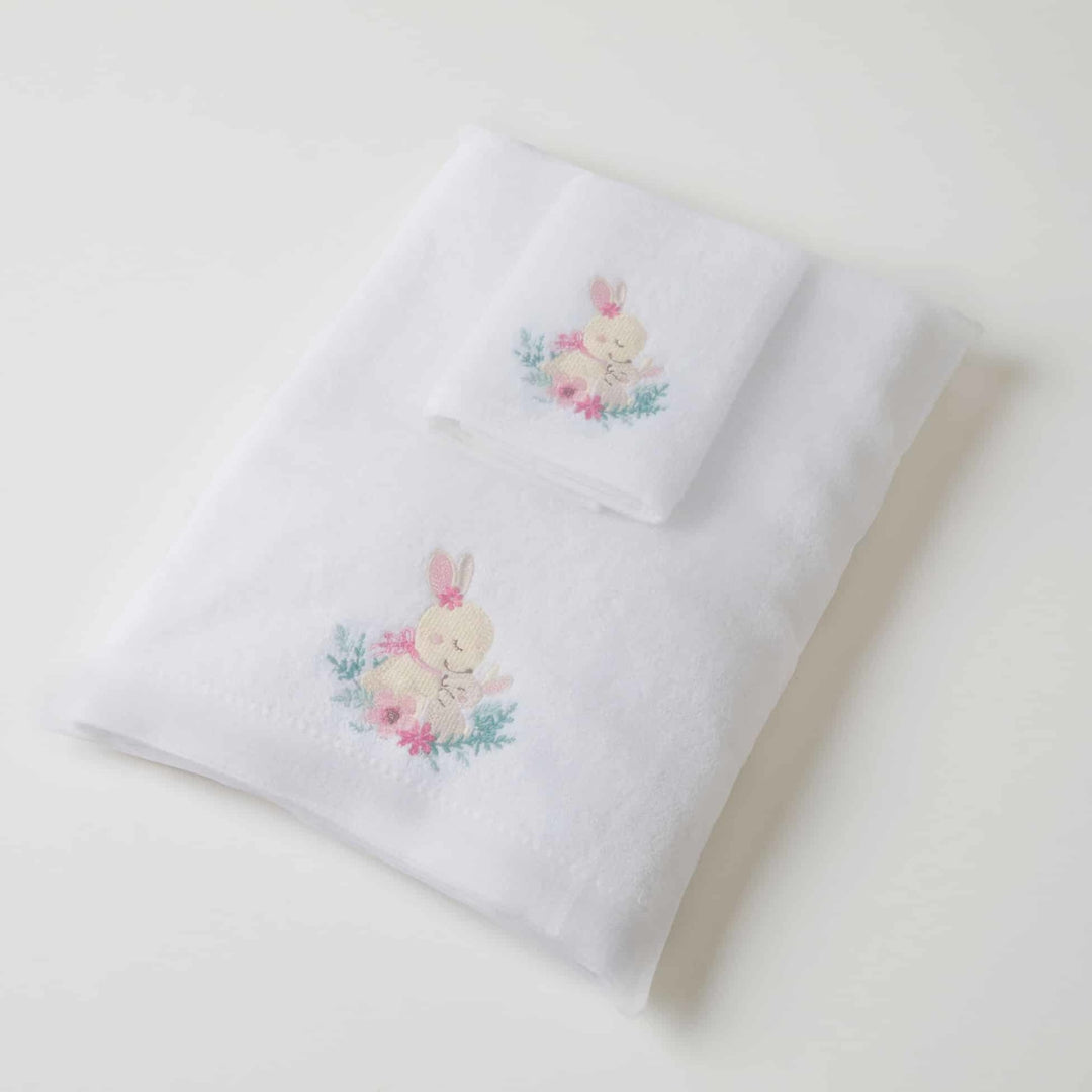 Embroidered Baby Towel & Face Washer Gift Set Pink Bunny
