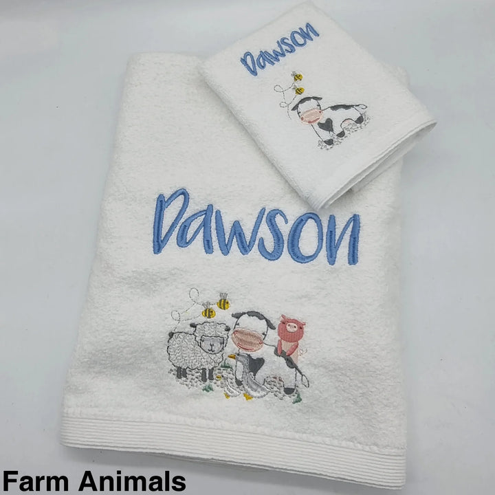 Embroidered Baby Towel & Face Washer Gift Set Farm Animals