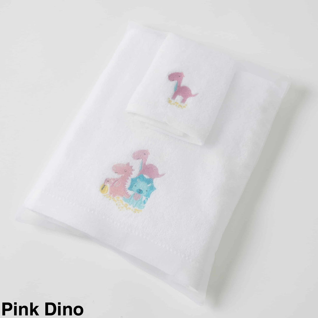 Embroidered Baby Towel & Face Washer Gift Set Pink Dino