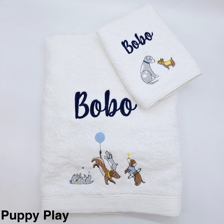 Embroidered Baby Towel & Face Washer Gift Set Puppy Play
