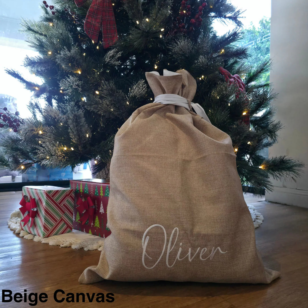 Embroidered Christmas Sack Beige Canvas