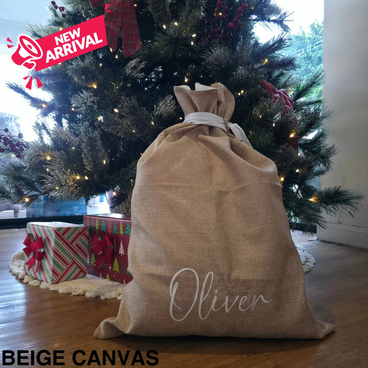 Embroidered Christmas Sack Beige Canvas