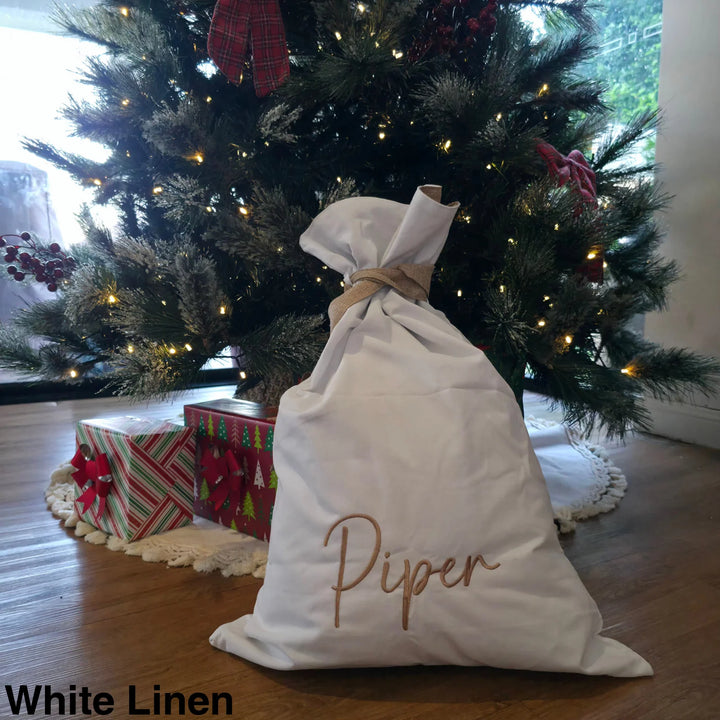 Embroidered Christmas Sack White Linen