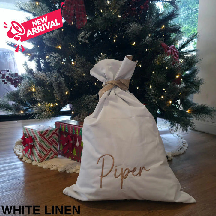 Embroidered Christmas Sack White Linen