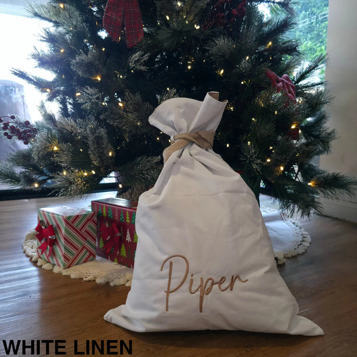Embroidered Christmas Sack White Linen