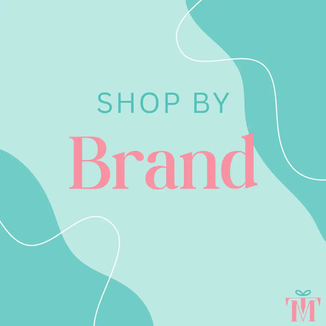 The image features a soft teal background with abstract white wavy lines and the text ’shop by brand’ in pink and muted green, accompanied by a small logo of intertwined letters t and m.