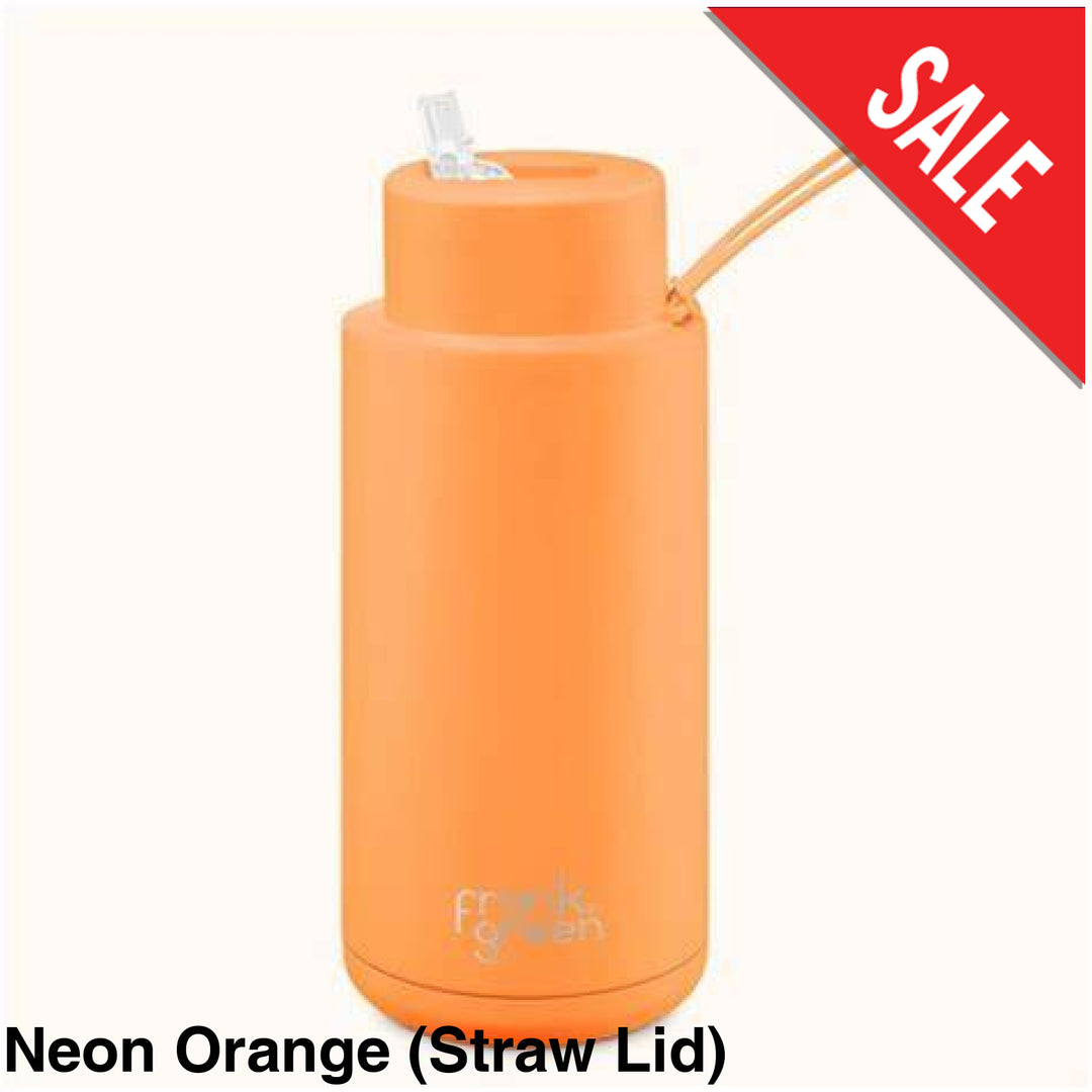 Frank Green 34Oz (1L) Stainless Steel Ceramic Reusable Straw Bottle Neon Orange