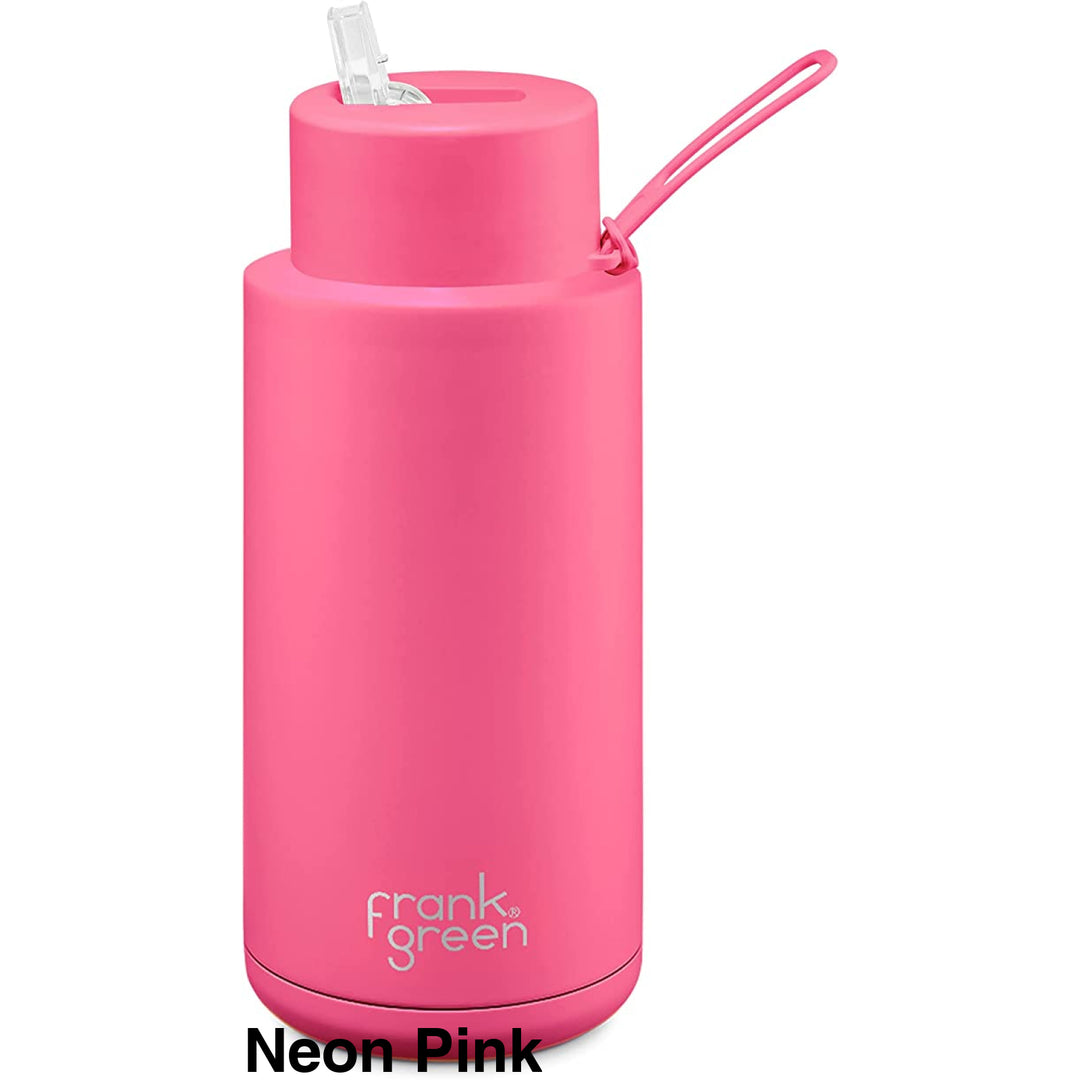 Frank Green 34Oz (1L) Stainless Steel Ceramic Reusable Straw Bottle Neon Pink