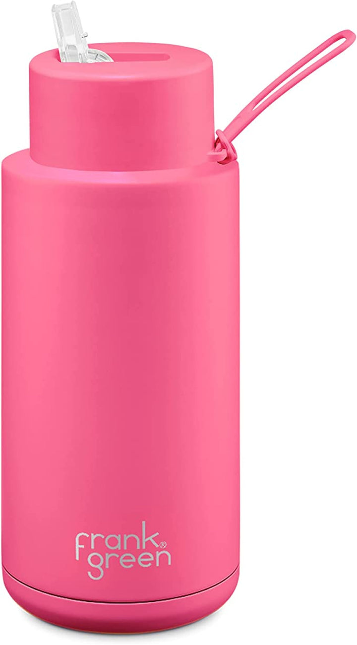 Frank Green 34Oz (1L) Stainless Steel Ceramic Reusable Straw Bottle Neon Pink