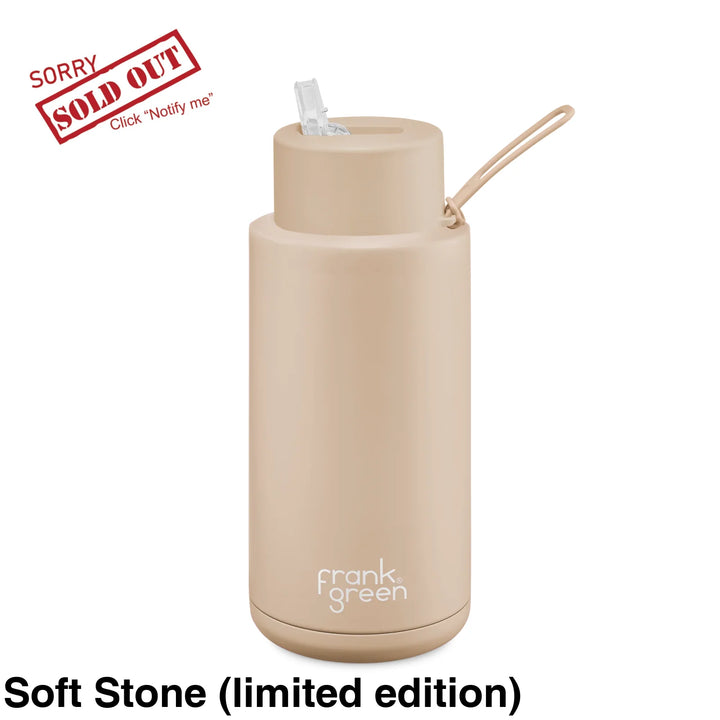 Frank Green 34Oz (1L) Stainless Steel Ceramic Reusable Straw Bottle Soft Stone (Limited Edition)