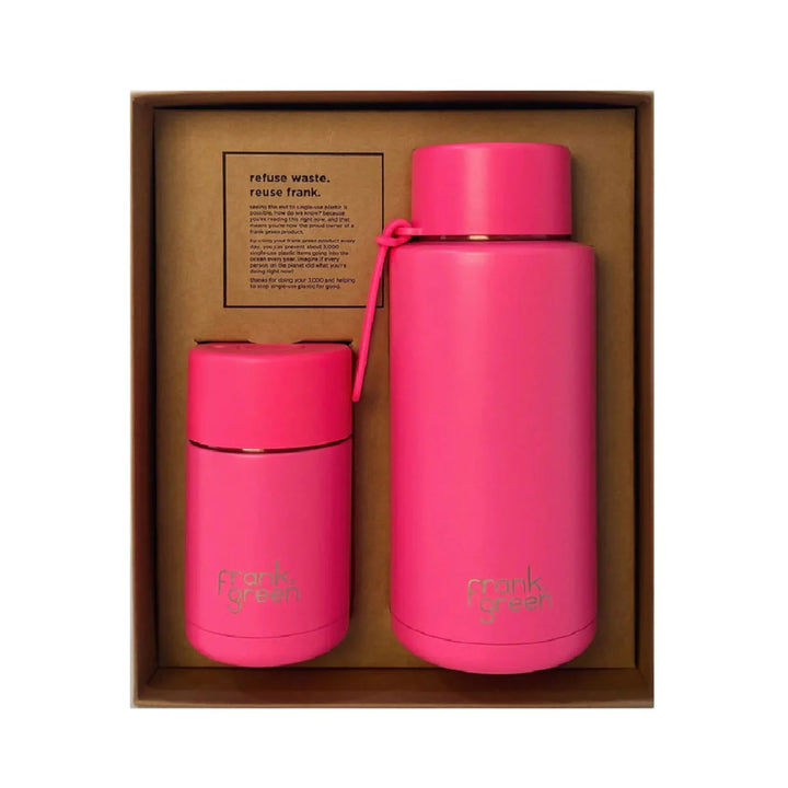 Frank Green Eco Gift Set 10Oz Cup & 34Oz Straw Bottle Neon Pink