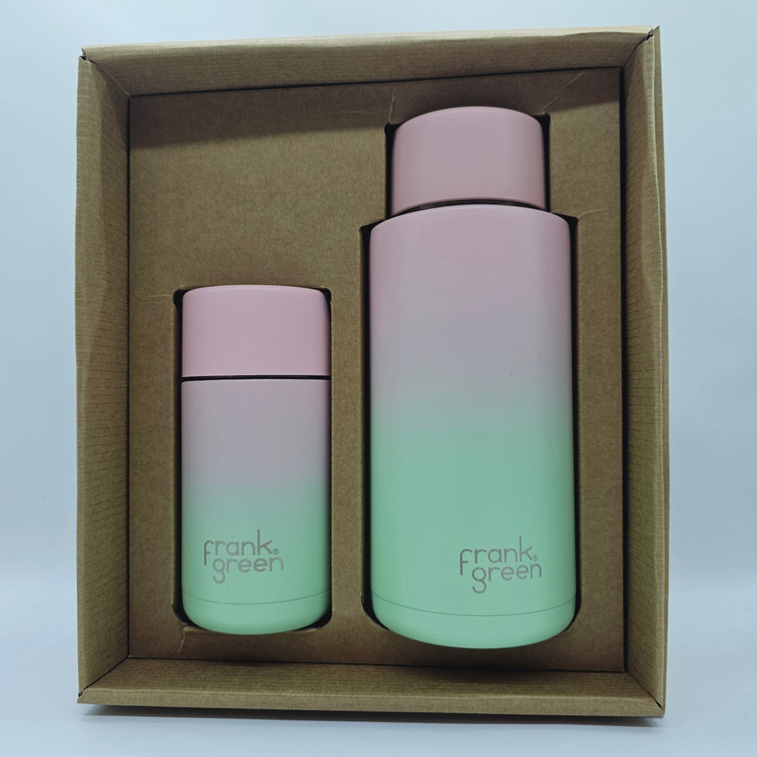 Frank Green Essentials Gift Set Large 12Oz Cup & 34Oz Straw Bottle Ombre Blushed Mint Gelato (Flip
