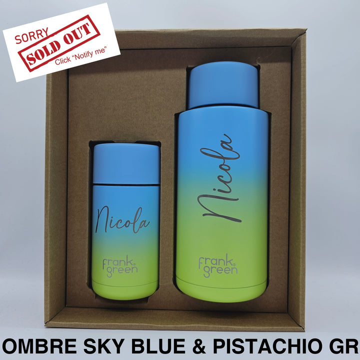 Frank Green Essentials Gift Set Large 12Oz Cup & 34Oz Straw Bottle Ombre Sky Blue Pistachio (Flip