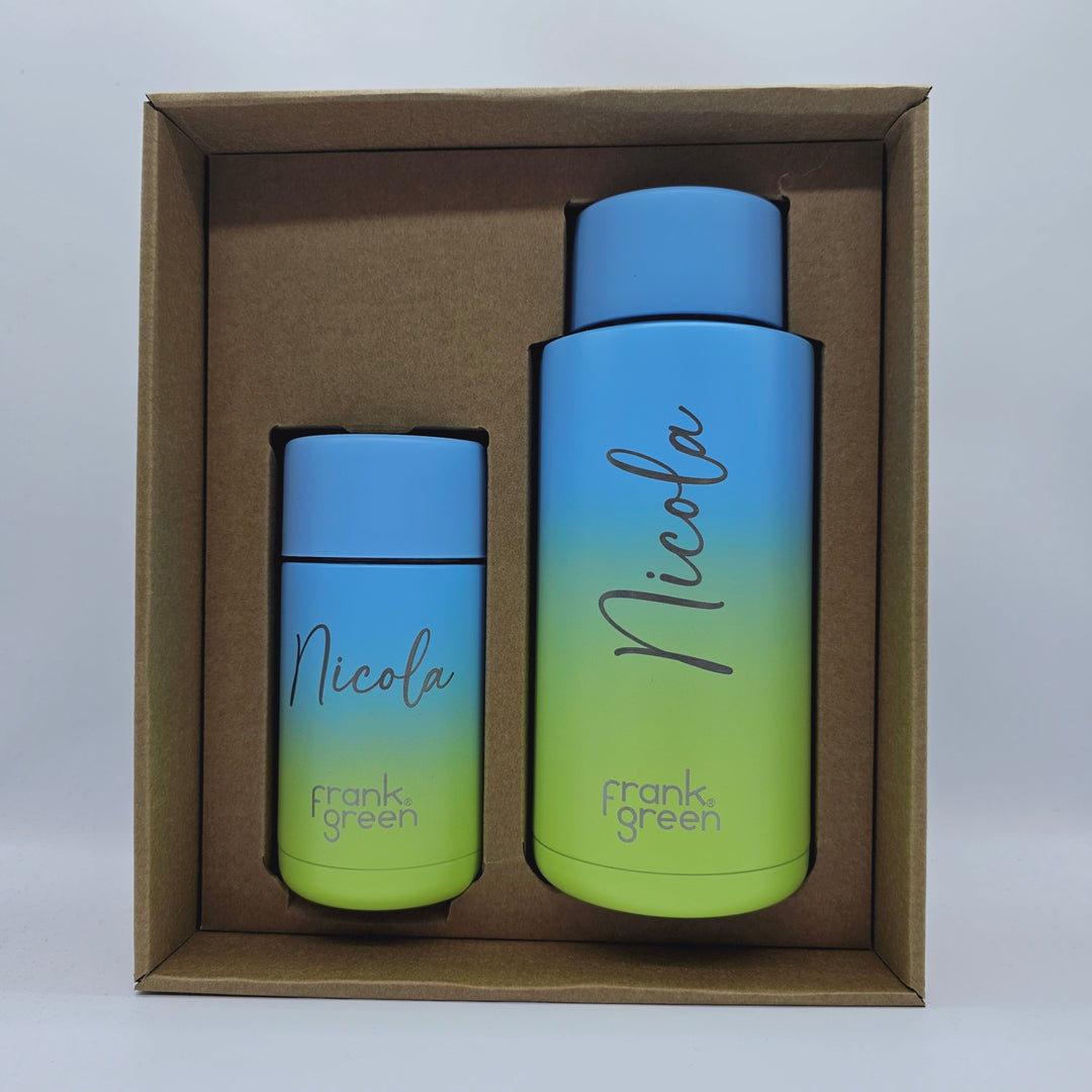 Frank Green Essentials Gift Set Large 12Oz Cup & 34Oz Straw Bottle Ombre Sky Blue Pistachio (Flip