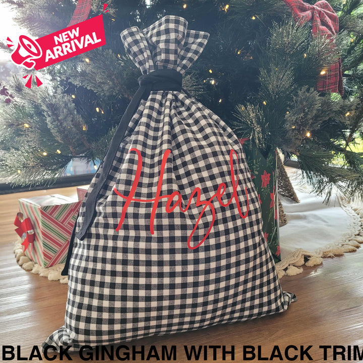 Gingham Cotton Christmas Sack Black Gingham with Black Trim