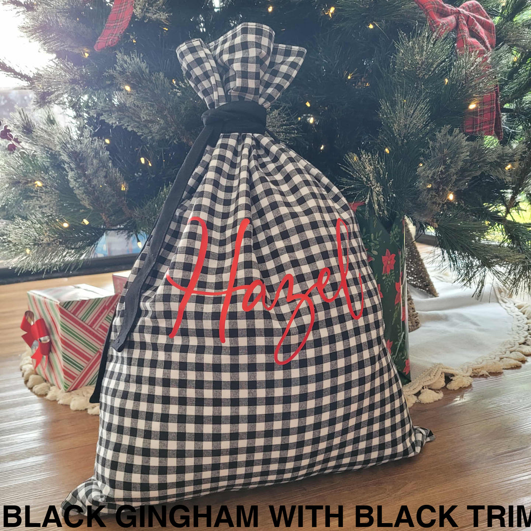 Gingham Cotton Christmas Sack Black Gingham with Black Trim