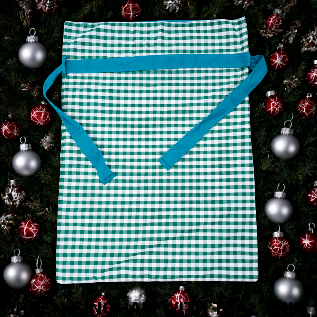 Gingham Christmas Sack Green Gingham with Teal Trim