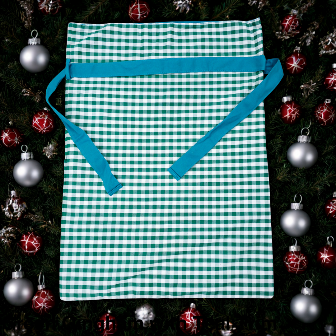 Gingham Christmas Sack Green Gingham with Teal Trim