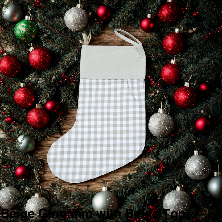 Gingham Christmas Stocking Beige Gingham with Beige Top