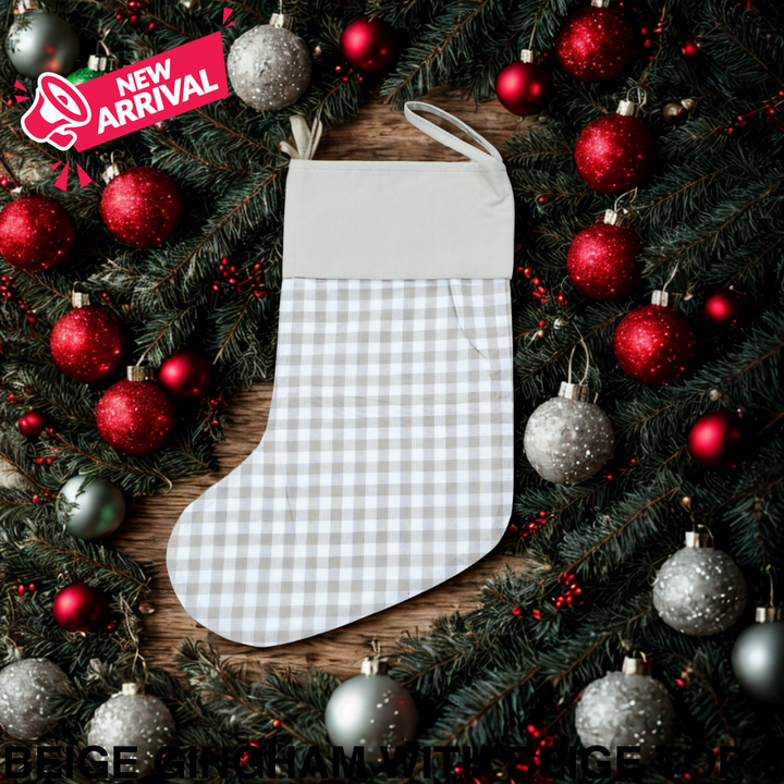 Gingham Christmas Stocking Beige Gingham with Beige Top