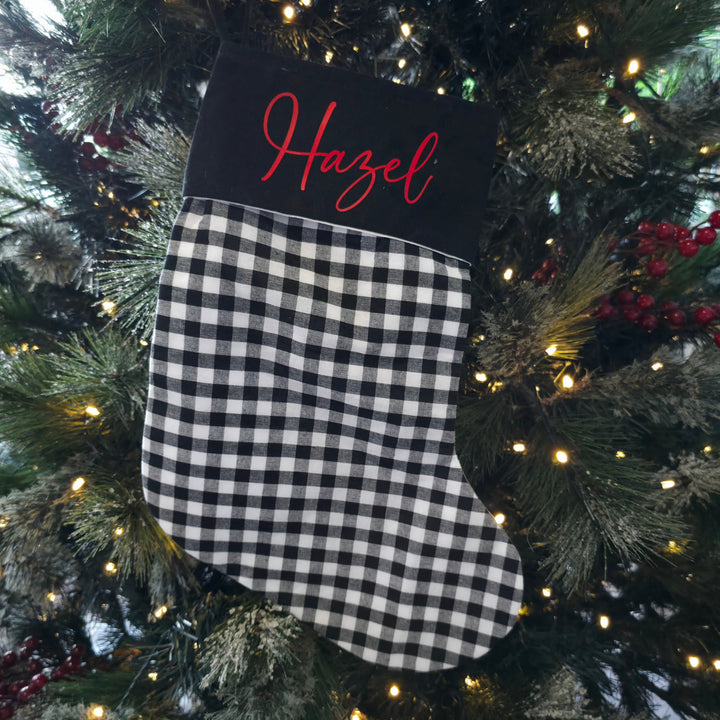 Gingham Christmas Stocking Black Gingham with Black Top