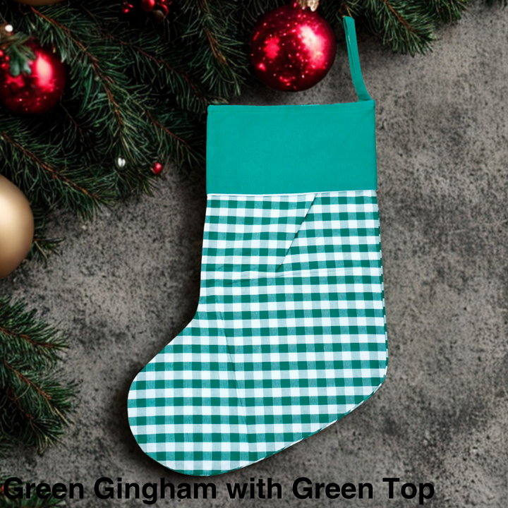 Gingham Christmas Stocking Green Gingham with Green Top