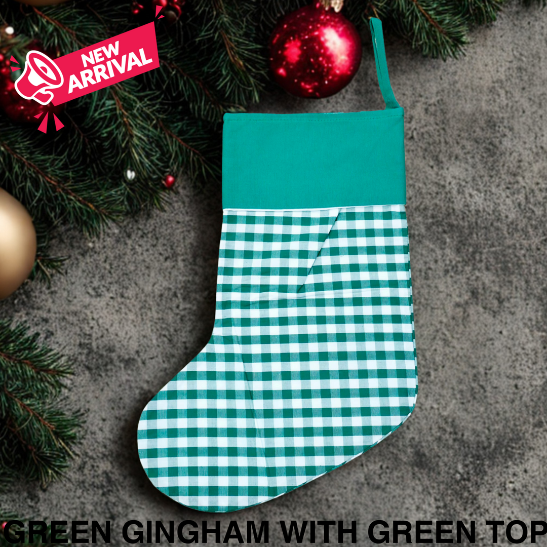 Gingham Christmas Stocking Green Gingham with Green Top
