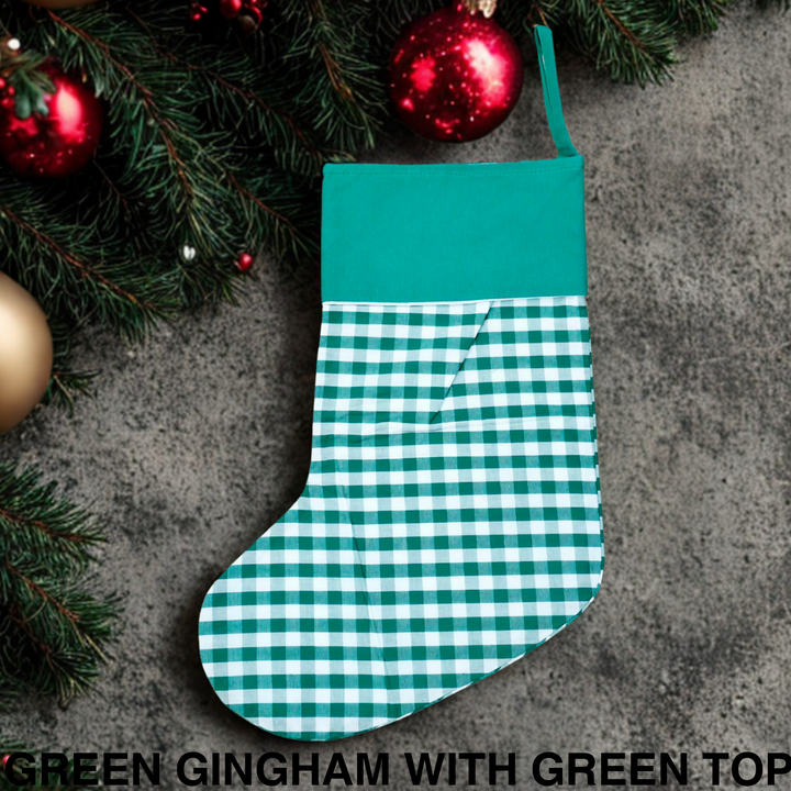 Gingham Christmas Stocking Green Gingham with Green Top