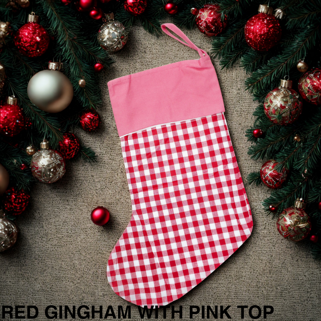 Gingham Christmas Stocking Red Gingham with Pink Top