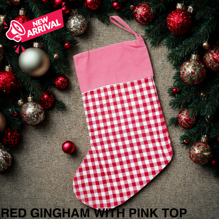 Gingham Christmas Stocking Red Gingham with Pink Top