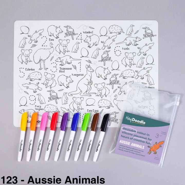 Hey Doodle Reusable Colouring-In Silicone Placemats 123 - Aussie Animals