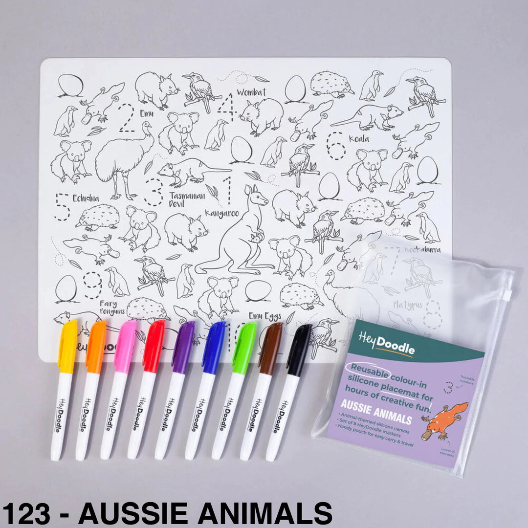 Hey Doodle Reusable Colouring-In Silicone Placemats 123 - Aussie Animals