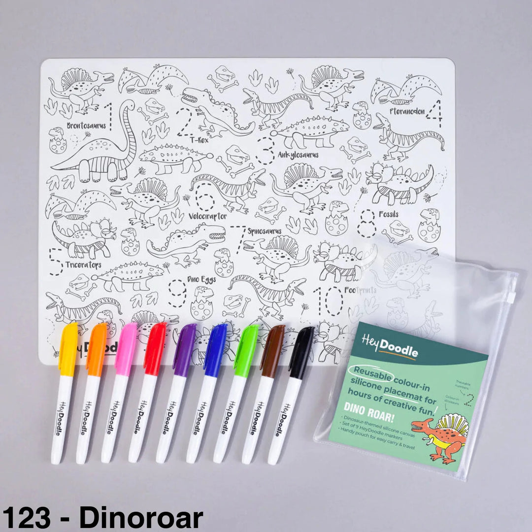 Hey Doodle Reusable Colouring-In Silicone Placemats 123 - Dinoroar