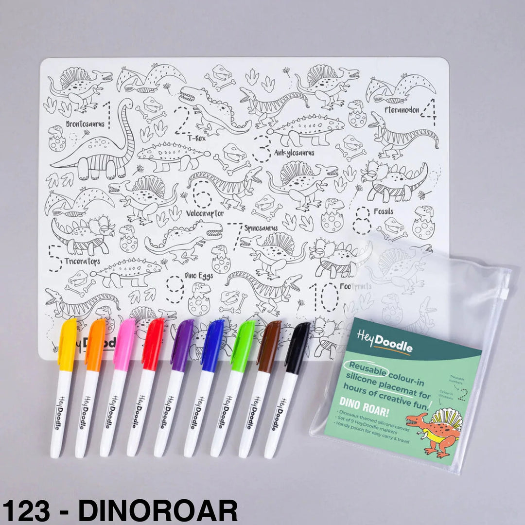 Hey Doodle Reusable Colouring-In Silicone Placemats 123 - Dinoroar